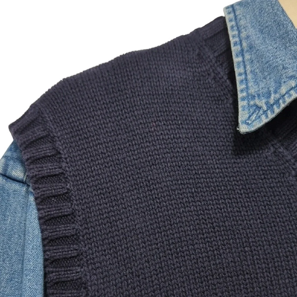 Vintage 90s J. Crew Sweater Vest Navy Blue‎ Cream Red Stripe Cotton Preppy Large